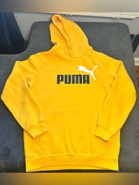 Puma Men's Yellow Crewneck Hoodie with White Logo size S